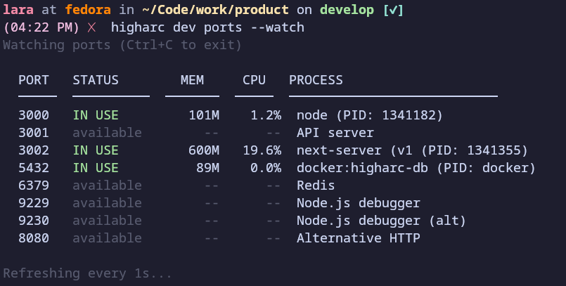 Watching common ports for process information and resource usage